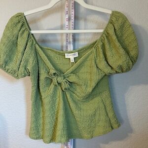 See You Monday Lime Green Textured Puff Sleeve Front Tie Top XL